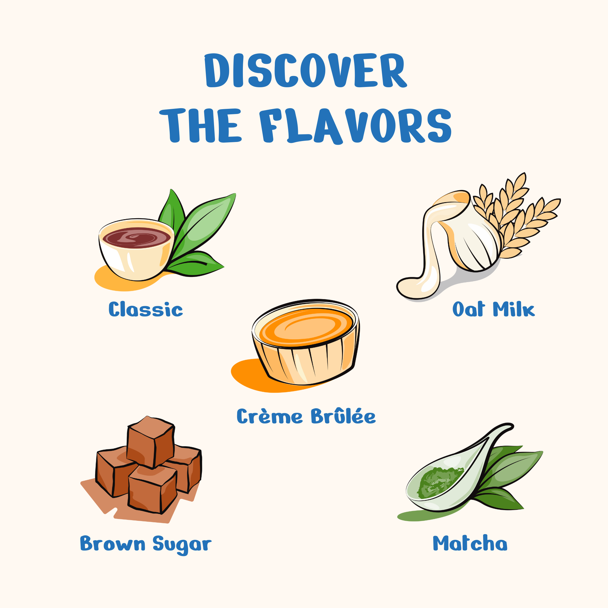 Illustrated DaoHer BOBA flavor guide: Classic, Oat Milk, Crème Brûlée, Brown Sugar and Matcha